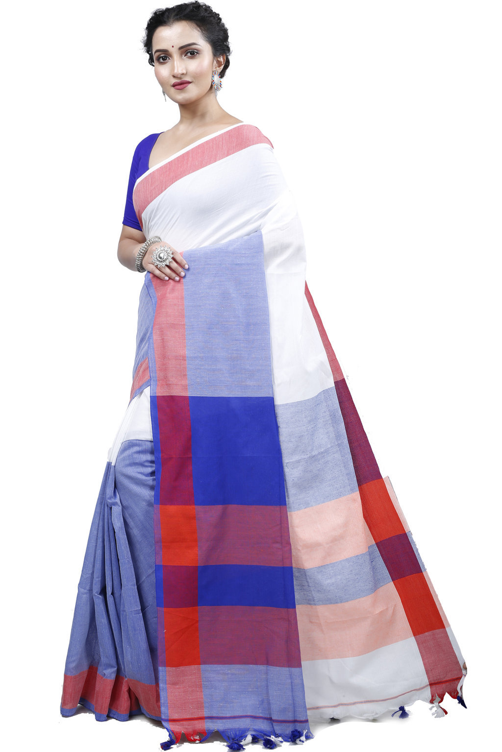 White Blue Pure Cotton Kousiki Hand Loom Saree (203)